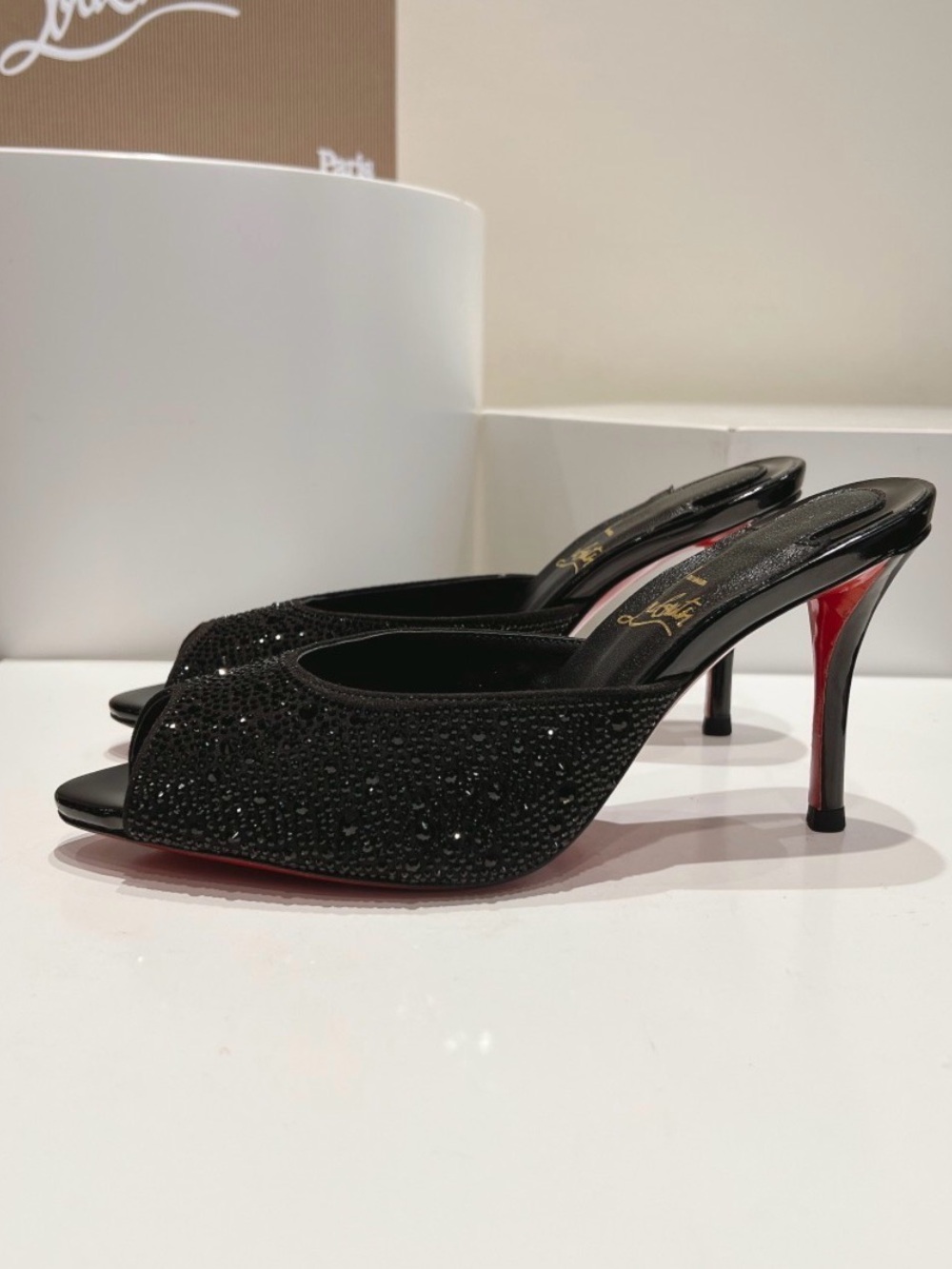 Christian Louboutin Black Crystal Open-Toe Mules with Red Sole